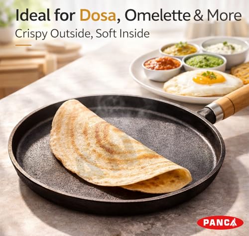 Image of PANCA Cast Iron Tawa 24cm Pre-Seasoned - Non Stick Iron Tawa for Roti, Dosa, Chapati | Induction & Gas Compatible Flat with Wooden Handle | Heavy Duty Cast Iron Cookware (Flat Tawa)