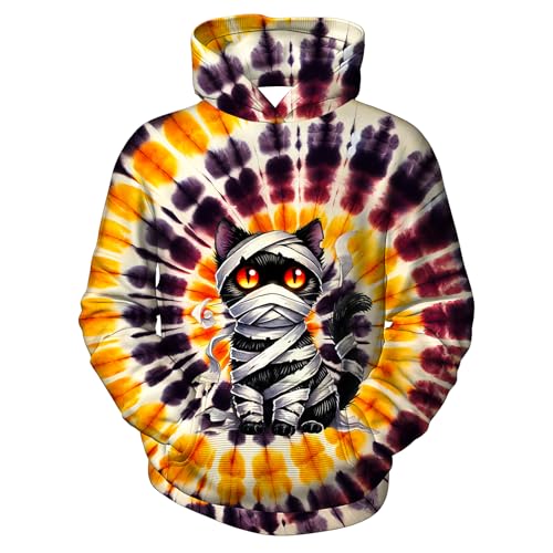 UGTEWXU Kids Happy Halloween Tie Dye Hoodie for Girls Boys Cats Hoodies Orange Purple Sweatshirt Hippes Outfit 6-16 Years Age Size Large