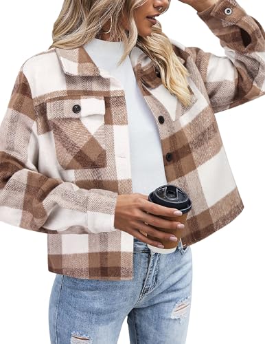 Veste courte en flanelle chemise à carreaux femme manteau laine mélangée