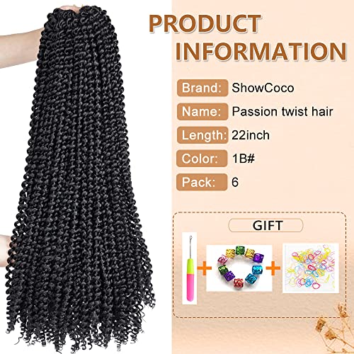 Passion Twist Hair 22 Inch Water Wave Crochet Hair 6 Packs Passion Twists Braiding Hair Long Bohemian Synthetic Hair Passion Twist Hair Extensions(22Inch, 1B) #TOP1