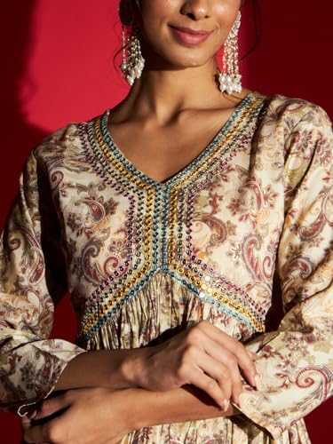 Image of Naixa Women's Viscose Rayon Embroidered and Printed Flared Kurta with Pant and Dupatta Sets (NK-410)