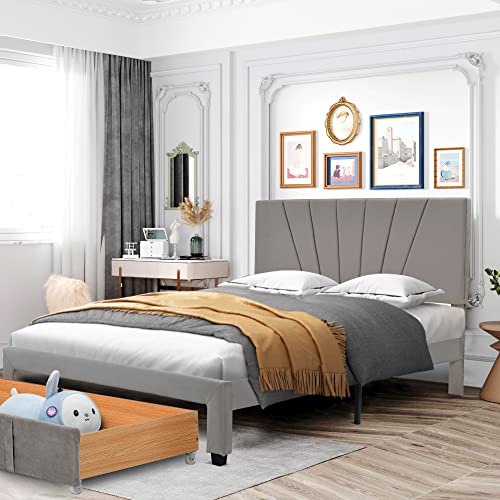 Miyzeal Storage Queen Bed With Headboard, Velvet Upholstered Platform Bed Queen Size, Big Drawer Comfortable Sleep Bed Frame With Wood Slat & Center Support Feet, No Box Spring Needed (Gray) #TOP2