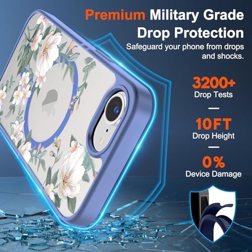Image of VONZEE Compatible with iPhone 17e / iPhone 16e /SE4 Case, Luxury Retro Flowers Floral Clear for Magnetic Wireless Charging Case Shockproof PC+TPU Cute Glossy Shiny Cover for Girls Women, Official Blue