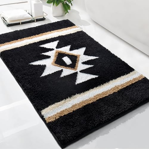 TANVILL Boho Bathroom Rugs Black Bath Mat Non Slip Soft Absorbent Western Geometric Bath Rug Luxury...