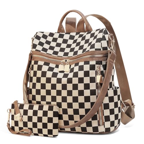 jingyuKJ Checkered Backpack Purse - Checkered Bags for Women Plaid Backpack Handbags Back Pack Purse for Work (Brown)