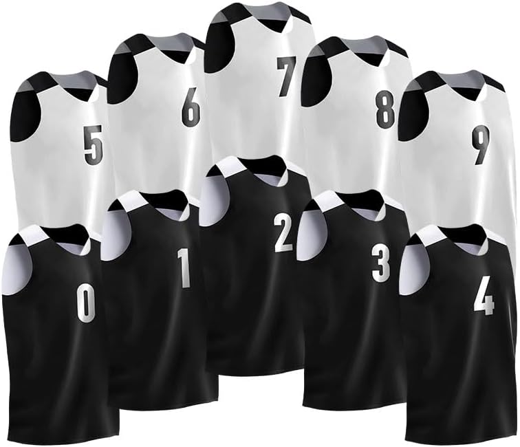 Youth 10-Pack Reversible Basketball Jerseys with Numbers | Youth L-XL (12-15 yrs) | Numbered Team Pinnies for Boys | Black and White Mesh Team Uniform