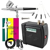 OPHIR Portable Mini Airbrush Air Compressor Kit Dual Action Airbrush Set with Cleaning Brush Tool Adjustable Air Brush Spray Gun for Hobby Model Crafts (Black)