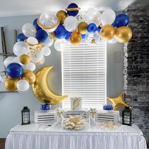 Image of Navy Blue and Gold Balloons, 60 Packs 12 inch Navy Blue and Metallic Chrome Gold Confetti Balloons with Ribbons for Birthday, Baby Shower, Graduation, Eid Ramadan Decoration