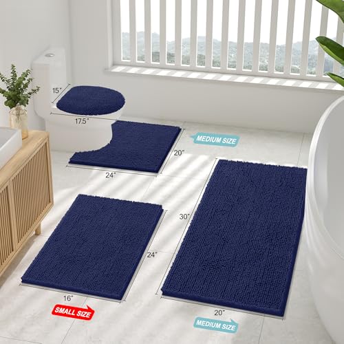Image of Smiry Bathroom Rugs Sets 2 Piece, Soft Absorbent Chenille Machine Washable Non Slip Shaggy Bath Rug Set for Tub, Shower, and Floor (30x20+24x16, Navy Blue)