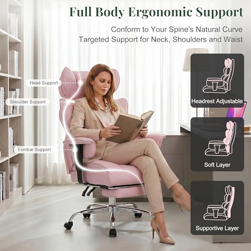 Image of Big and Tall Ergonomic Office Chair,400 LBS,High Back Reclining PU Leather Gaming Chair with Footrest, Adjustable Armrests, Lumbar Support, Executive Desk Chair for Home Office, Pink