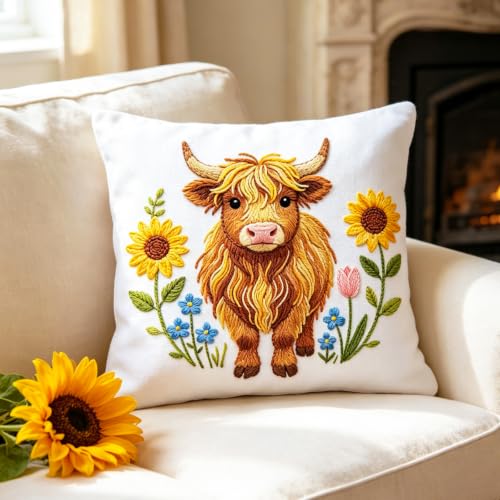 Image of BEUNITONE 4pcs Embroidery Kit, Highland Cow & Sunflowers Stamped Embroidery Kits with Hoop, Thread & Needles, Colorful Cross Stitch Kits Sewing Gifts for Adults and Beginners, DIY Craft for Relaxation