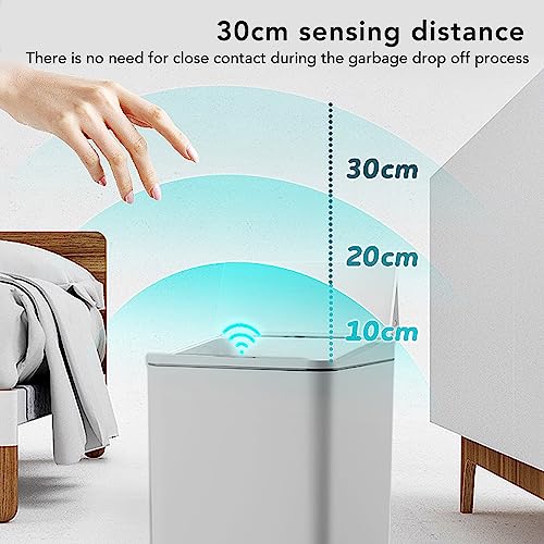 Image of Pomya Automatic Touchless Trash Bin, Motion Sensor Trash Can for Kitchen, Bedroom, Bathroom, Home Office, Living Room, Desktop USB Charging Garbage Can with Foldable Lid (White)