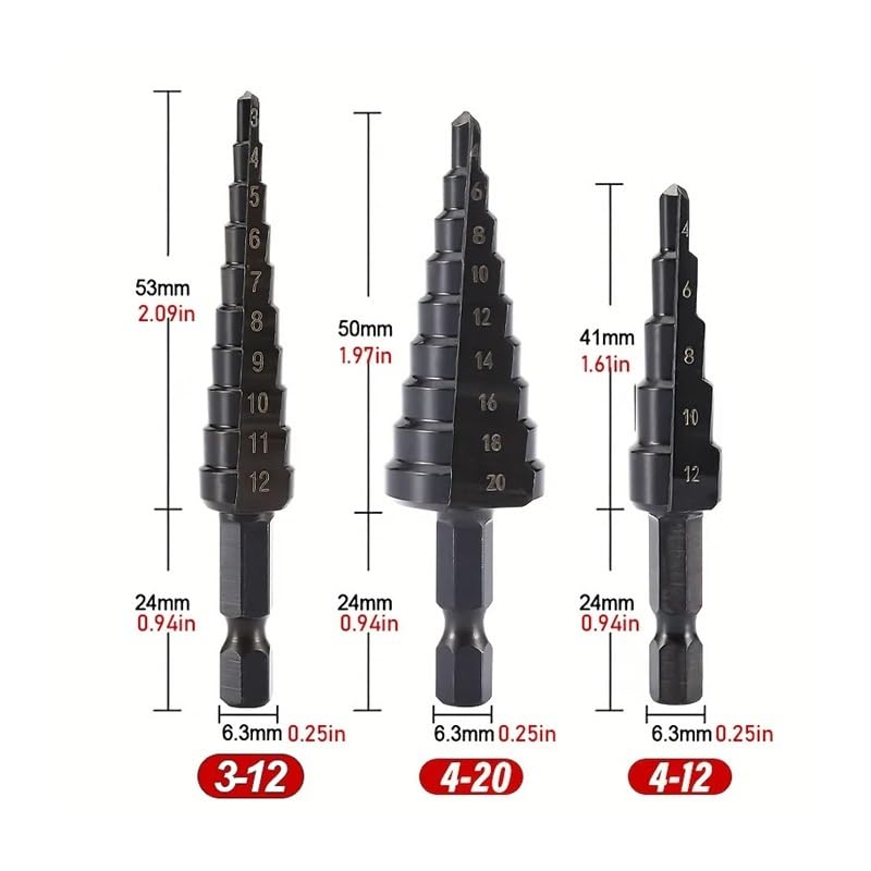 3Pcs 3-12mm 4-12mm 4-20mm HSS Straight Groove Step Drill Bit Nitriding Bit Wood Metal Hole Cutter Core Cone Drilling Tools Set DIOBFZFY