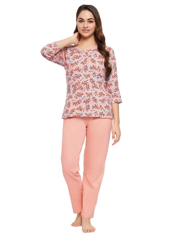 CloviaWomen's Cotton Print Me Pretty Top & Chic Basic Pyjama in Peach