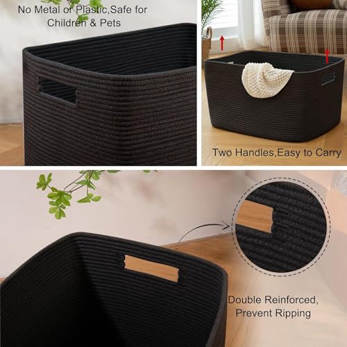 Image of OIAHOMY XXLarge Rectangle Blanket Basket-96L, Cotton Woven Basket for Storage, Dirty Clothes Baskets for Living Room, Nursery, Bedroom, Toy Organizing with Handle, 24 inch x 16 inch x 15 inch, Charcoal Black