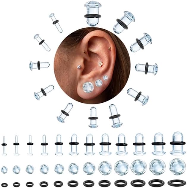 Glass Ear Stretching Kit, 24 Pcs Single Flare Glass Plugs for Ears with Black/Clear O-Rings, Dead Stretching Kit, Hypoallergenic 14G-00G (1.6mm-10mm) with Half Size Gauges