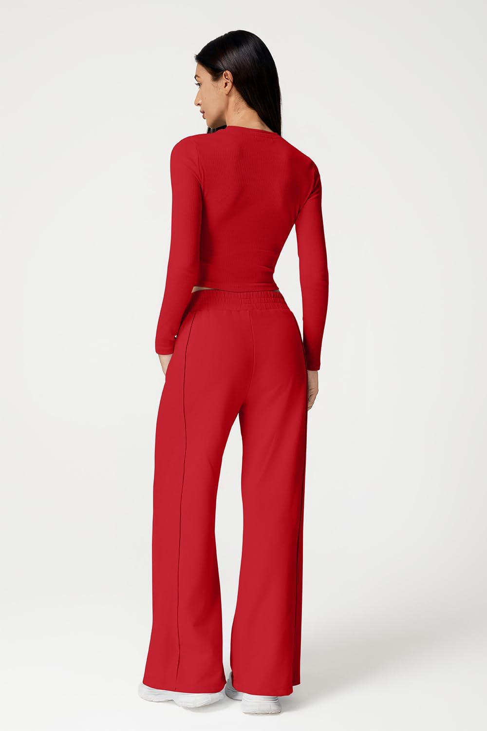 QINSEN Womens 2 Piece Sets Long Sleeve Slim Fit Crop Tops Wide Leg Pants Matching Lounge Set - Image 3