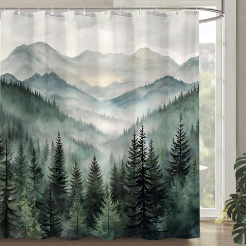 Accnicc Forest Mountain Shower Curtain Dark Green Nature Misty Pine Tree Shower Curtains for Bathroom Foggy Rustic Woodland Decorative Waterproof Fabric Bath Curtain Decor 7272 Inches
