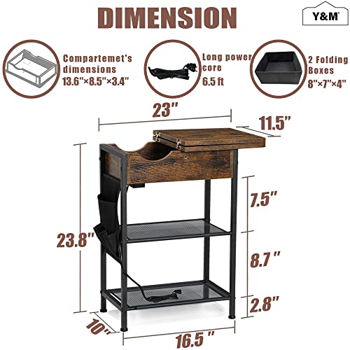 Y&M End Table With Charging Station, Narrow Flip Top Side Table With Usb Ports And Outlets, Bedside Table With Storage Shelf For Small Spaces, Nightstand Sofa Table For Living Room Bedroom - Brown #TOP2