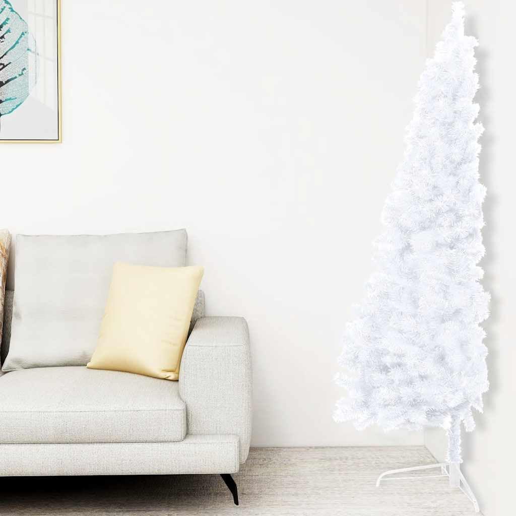 Semi albero di Natale artificiale, 240 cm, bianco, con 150 LED, 1050 punte, con sfere e punta, salvaspazio per parete, decorazione festiva