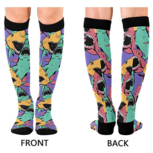 Wusikd Angry Shark Compression Socks for Women and Men Circulation Colorful Long Socks for Athletic Running 12