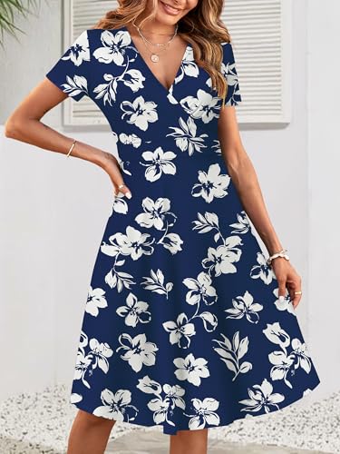 Image of MSBASIC Womens Summer Wrap V Neck Casual Dresses Floral Short Sleeve A-Line Midi Sundress