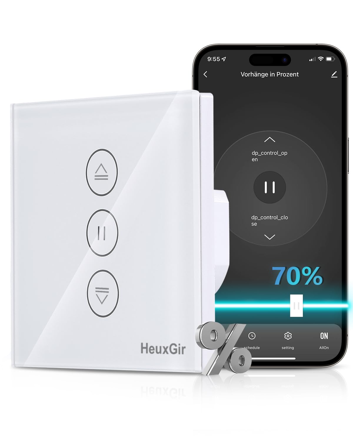 HeuxGir Percentage Wifi Shutter Switch, Smart Shutter Switch 80 x 80 mm Compatible with Alexa and Google Home, Neutral Cable Required (1)