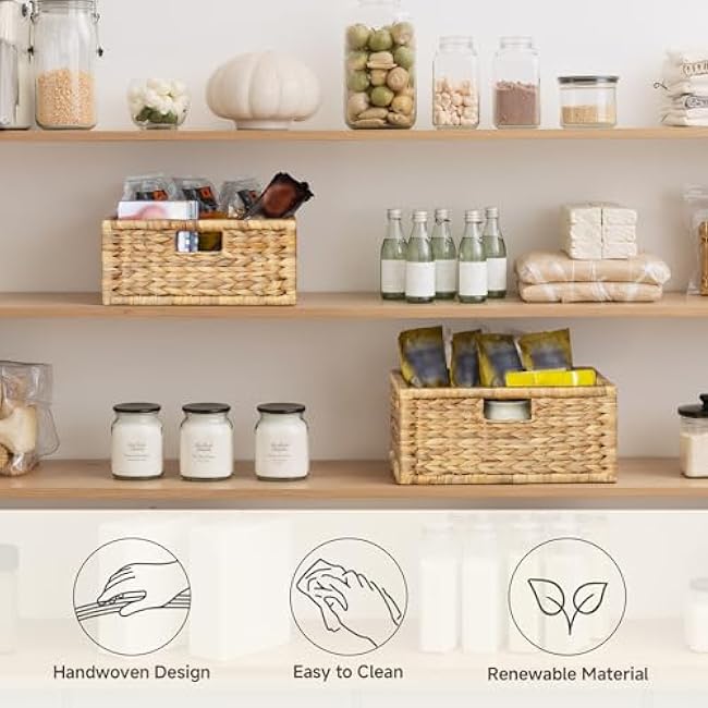 StorageWorks Large Wicker Basket for Organizing, Pantry Organizer with Wooden Frame, Water Hyacinth Storage Basket for Shelves