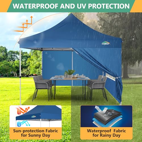 Image of COBIZI 10x10 Easy Pop Up Canopy Tent, Instant Commercial Outdoor Gazebo with 3 Sidewalls, Waterproof and UV Protection 50+ Event Shelter for Camping, Family Parties & Patio with 4 Sandbags,Light Blue