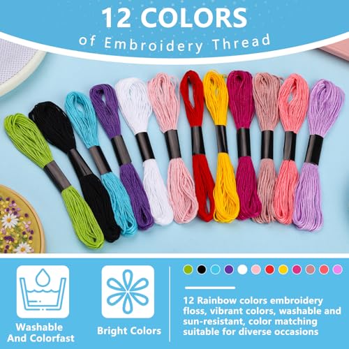 Image of Embroidery Thread, 12 Skeins Rainbow Color Cotton Embroidery Floss, Friendship Bracelet String Cross Stitch Thread, for DIY Crafts Floss, Embroidery Projects, Bracelet Yarn