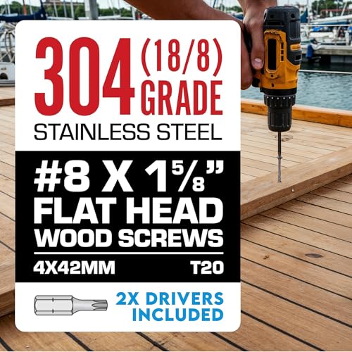 Image of #8 x 1 5 /8 Inch Stainless Steel Wood Screws | 304 Grade (100 Pack) | Flat Head T20 Star Torx Drive | Exterior Wood Screws by Eagle Claw Fasteners | Corrosion & Rust Resistant (Includes Driver Bit)