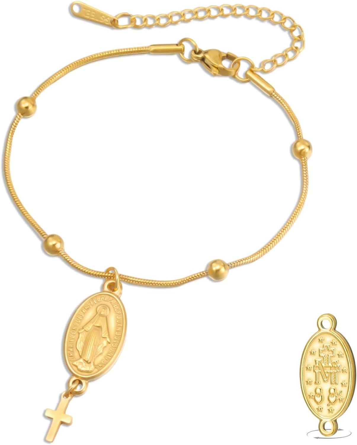 Wuufake Dispositivo portátil: pulsera doble cara con medalla de la Virgen de Guadalupe para hombre, cordón trenzado artesanal, joyería católica cristiana religiosa arte, gold 13