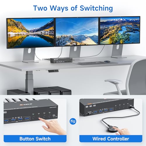 Image of HDMI+2 Displayport KVM Switch 3 Monitors 4 Computers 8K@60Hz 4K@144Hz,4 Port KVM Switches Triple Monitor Share 3 Display and 4 USB3.0 Ports Support Extended /Mirror Mode.
