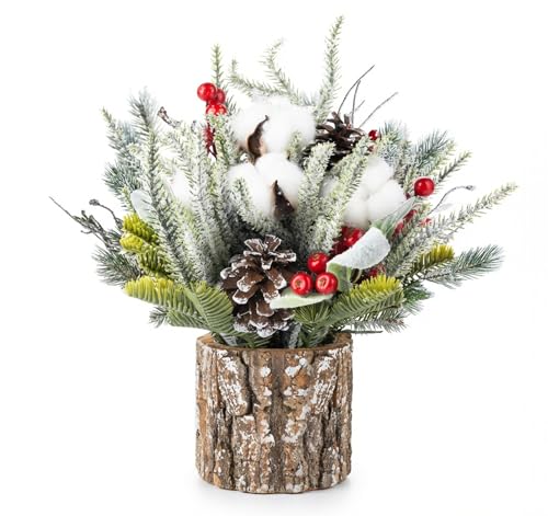 ilauke Christmas Table Centrepiece, Mini Potted Artificial Tabletop Xmas Tree with Pine Cones, Cottons and Red Berries Ornaments, Christmas Table Decorations with Wooden Bases for Xmas Home Decor