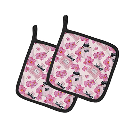 Caroline's Treasures BB7510PTHD Watercolor Pink Flowers and Perfume Pair of Pot Holders Kitchen Heat Resistant Pot Holders Sets Oven Hot Pads for Cooking Baking BBQ, 7 1/2 x 7 1/2