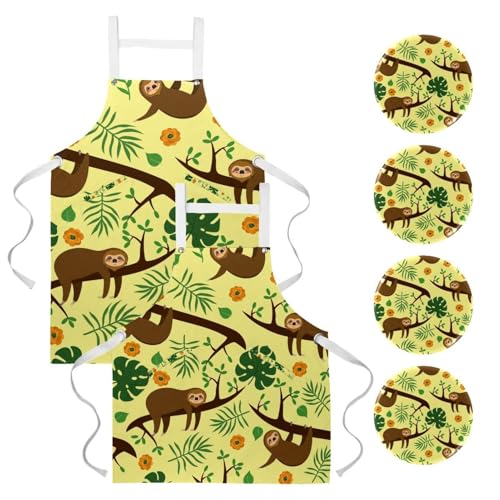 Lot de 2 tabliers de cuisine à motif paresseux sur branches et feuilles avec broches amovibles
