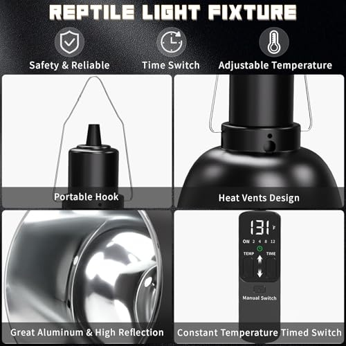 Kweetle REPTILE LIGHT FIXTURE With Thermostatic Timer, 5.5 Inch Deep Dome Reptile Lamp Fixture Timer Reptile Heat Lamp Fixture thumb #2