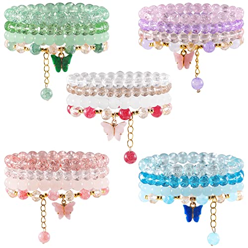 20Pcs Beaded Crystal Bracelets for Women, Aesthetic Cute Boho Chakra Bead Stackable Bracelet Butterfly Charm Pink Green Blue White Purple Glass Stones Gold Beads Jewelry Set Pack Bulk