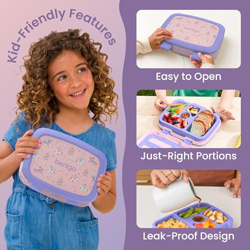 Image of Bentgo Kids Prints Leak-Proof, 5-Compartment Bento-Style Kids Lunch Box - Ideal Portion Sizes for Ages 3-7, Durable, Drop-Proof, Dishwasher Safe, & PFAS & BPA-Free Materials (Carousel Unicorns)