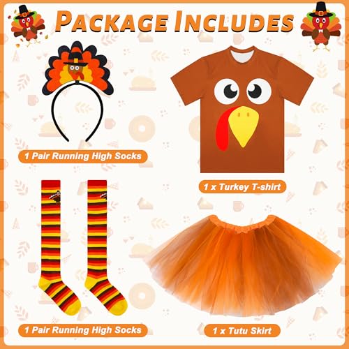 QZYL Turkey Costume Set, L Turkey Trot Shirt Tutu Dress Headbands High Socks, Thanksgiving Turkey Trot Cosplay for Adults by QZYL - Image 4