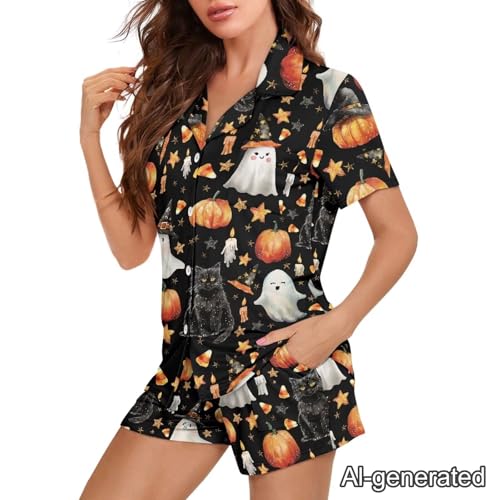 Image of Renewold Women's Short Sleeve Pajama Set Button Down Sleepwear with Notch Collar Soft Lounge Top and Shorts with Pockets