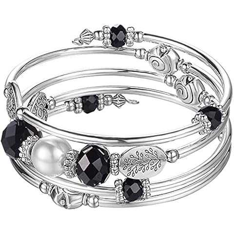 BULINLIN Crystal Beads Layered Bangle Bracelet, Silver Plated Metal Wrap Bracelet with Pearl, Jewellery Gifts for Women Ladies Friends(Black) Cover