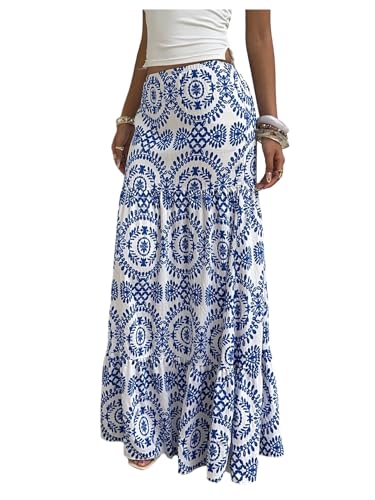 Milumia Women's Boho Printed Long Skirt Low Waist Flowy Maxi Skirts
