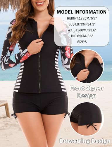 SEAUR Women Rash Guard Set Two Piece Long Sleeve Zipper Swimsuit with Boyshorts UV Sun Protection Bathing Suit4