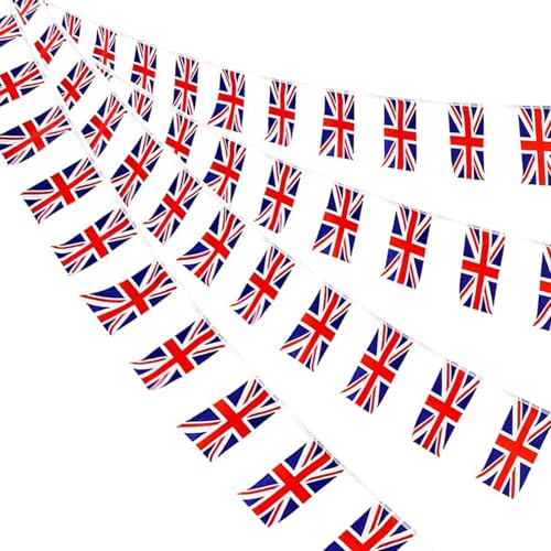 Image of AhfuLife 30 Pcs Union Jack String Flags for VJ-Day 80th Anniversary Decorations, Small British Flag Bunting Banner- Double Sided for Street Garden Football Party Decor (5.5x8.3 Inch -33 Ft)