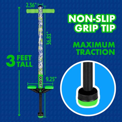 Image of Flybar Jolt Pogo Stick for Kids, Perfect for Beginners w / Foam-Covered Metal Frame, Handles & Padding, Non-Slip Foot Pads, Wide Tip, Outdoor Active Play Toy for Boys & Girls, Ages 6+, Green Tie Dye