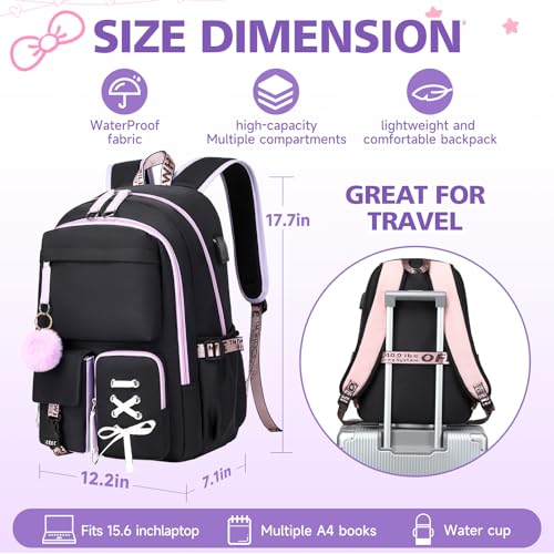 Backpack for Girls Women College Laptop Backpacks Girl Cute School Bag Kids Bookbag with USB Charging Port College Middle High Elementary School Backpack for Teen Girls Travel Daypack (Black)2