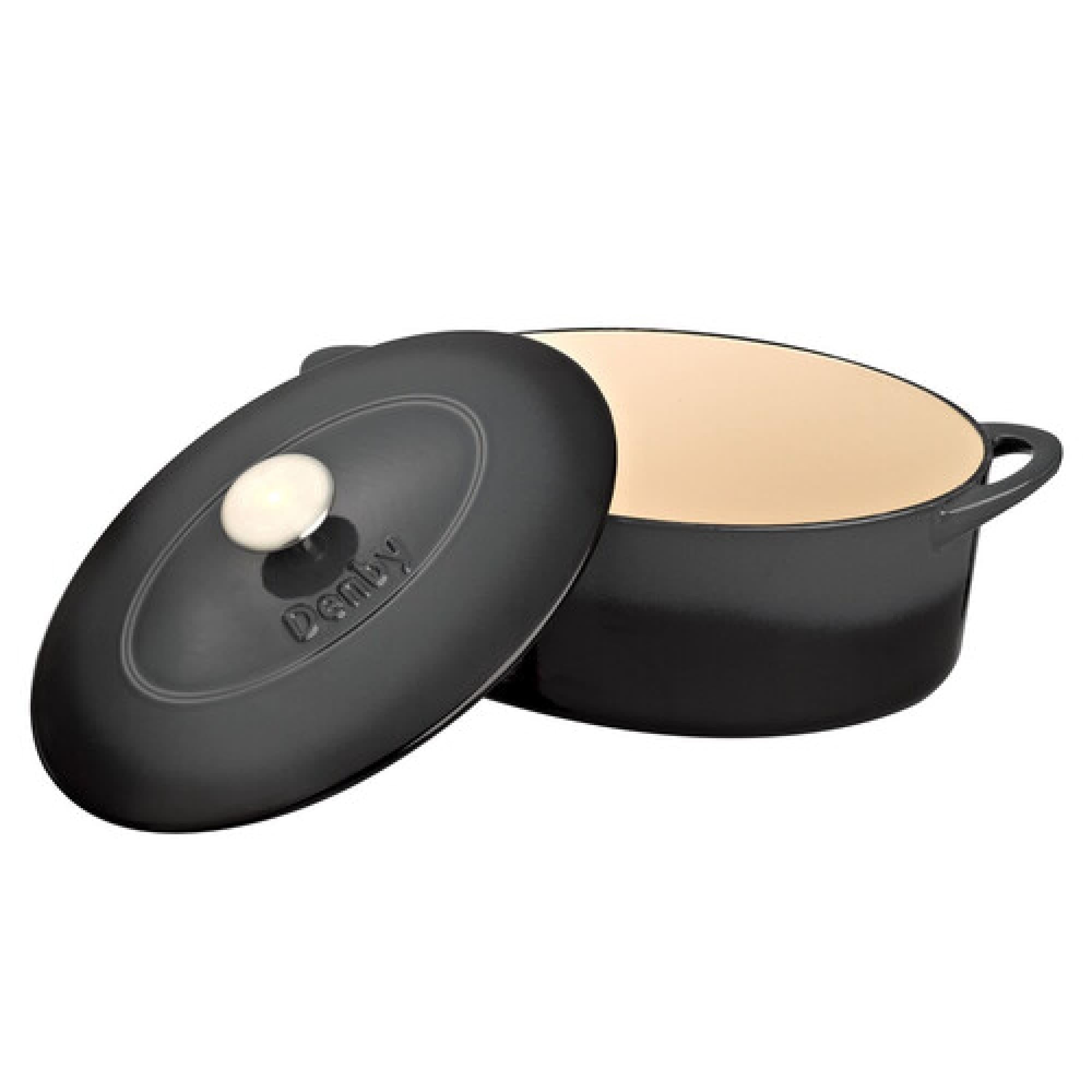 Denby Halo Black - Cast Iron Casserole Dish - 4.25L Capacity Dutch Oven, Oven Safe Pot, Suitable For All Hob Types - Premium, Enamelled - Dishwasher Safe Cookware - 28Cm, Oval