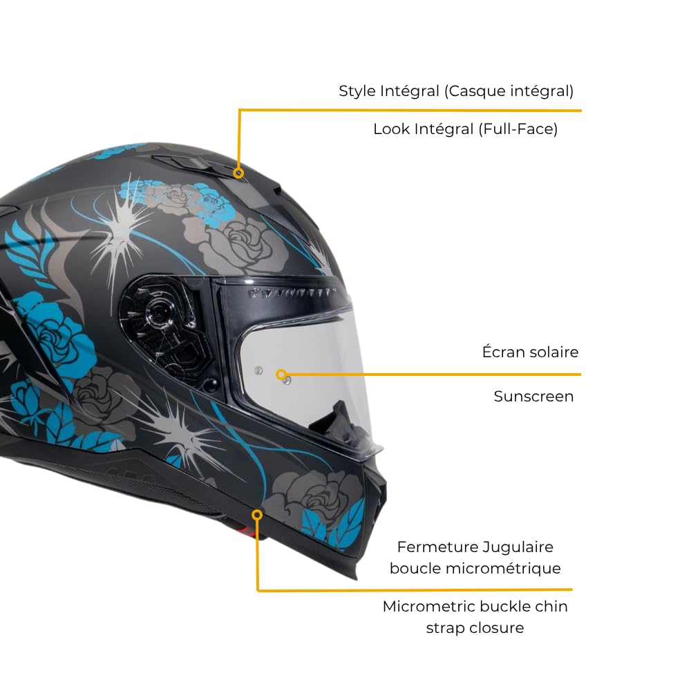 EROS FELINE Casco integral con visera solar | Homologado ECE 22.06 | Casco Full-Face Moto y Scooter | Mujeres y Hombres | Tallas XS-XL