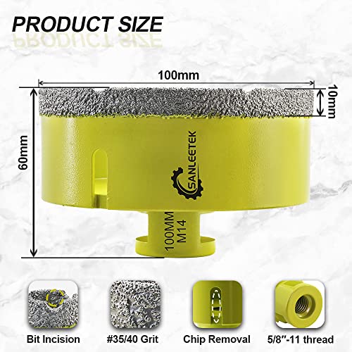 Diamond Tile Drill Bits 100mm SANLEETEK Vacuum Brazed Diamond Hole Saw for Ceramic Porcelain Marble Granite M14 Thread - Image 2